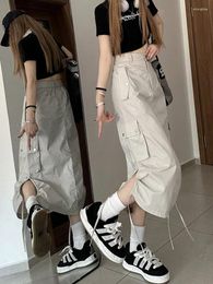 Skirts American Retro Streetwear Cargo Skirt Women Fashion Slit Hip Hop Midi Summer High Waist Drawstring Pockets