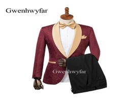 2018 Brand Groom Tuxedos Groomsmen One Button burgundy Flower Gold Shawl Lapel Custom Made Formal Groom Wear Men Wedding Tuxedos W3206930