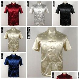 Ethnic Clothing Glossy Satin Silk Mens Top Outerwear Chinese Spring Autumn Plus Size Short Sleeve Tang Suit Drop Delivery Apparel Otc1X