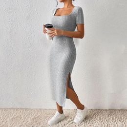 Casual Dresses Women Dress Pure Colour Elegant Square Neck Knitted Midi For Solid Party Commute With Short Sleeves