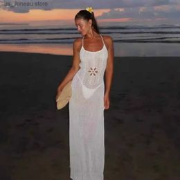 Basic Casual Dresses Solid Knitted Summer Dress Women Fashion Flower Hollow Out Slim Long Beach Dress Sexy S Through Backless Holiday Outfits 2024 1 T240415