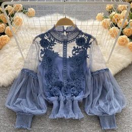 Women's Blouses DAYIFUN-Women's 3D Flower Collage Perspective Mesh Design Shirts Lantern Sleeve Suspender 2-Piece Sets Short Lace Tops