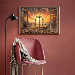 Canvas Print Painting, Jesus Cross, Flowers, Birds, Classic Retro Style, Mural Living Room Dining Room Tabletop Home Decoration