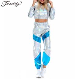 Women Hip Hop Jazz Street Dance Stage Performance Outfit Shiny Sports Set Long Sleeve Hooded Sweatshirt Crop Top with Sweatpants