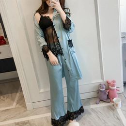 Home Clothing Lace Silk Satin Women Three Piece Pajama Sets Long Sleeve Crochet Hollow Button Sleepwear 2024 Autumn Sexy Suit