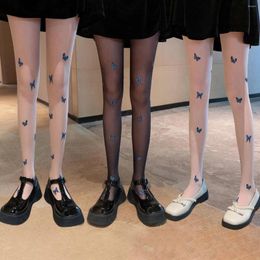 Women Socks Fashion Female Pantyhose Tights With Blue Butterfly Print Thin Spring Autumn Stockings Lolita JK Girls Wear For