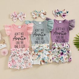 Clothing Sets 2024-03-08 Lioraitiin Baby Girls Clothes Set Sleeve Letters Print Romper With Belted Floral Shorts Hairband Summer Outfit