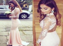 Fashion 2016 Baby Pink Lace And Satin Mermaid Two Piece Prom Dresses Long Cheap High Neck Long Sleeve Backless Formal Dress Custom2302492