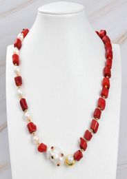 GuaiGuai Jewelry Red Coral White Pearl Necklace White Keshi Pearl Cz pave Pendant Handmade For Women Real Gems Stone Lady Fashion 2249912