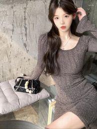 Casual Dresses Knitted Dress Grid Women's Round Neck Spring Small Stature Sweet Spicy High Waist Wrapped Hip Girl Short Skirt 35FI