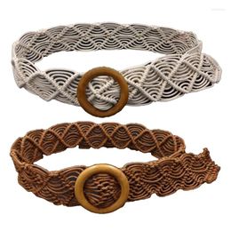 Belts 2X Wax Rope Knitted Belt Round Wooden Buckle Boho Women Simple Harajuku Solid For Dress Jeans(Brown&Whi