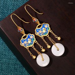 Dangle Earrings Women's 925 Sterling Silver Jewelry Medium Enamel Gold-Plated Ruyi Peace Buckle Imitation Jade Tassel Gifts