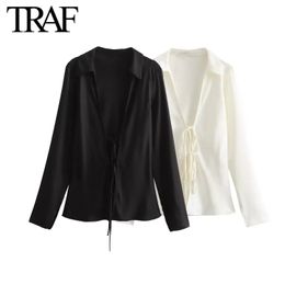 TRAF Women Fashion 2024 Spring Long Sleeve Tie-Up V-Neck Bow Blouse Street Clothing Satin Shirt Chic Ladies Tops Mujer 240411