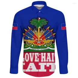 Men's Casual Shirts Long Sleeve Shirt 3D Printed Haiti Flag Graphic Retro Vintage Tee Top Streetwear Men Oversized