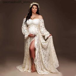 Maternity Dresses 2-in-1 Bohemian Pregnant Women Photography Clothing Bohemian Pregnant Women Photo Shooting Long Pregnant Sheep Womens Flower Lace Dress Q240413