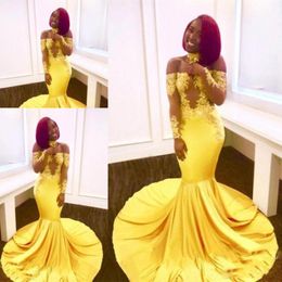 Bright Yellow Off Shoulder Prom Dresses Lace Sheer Long Sleeves Evening Gowns Sweep Train Formal Party Dress Cheap Formal Wear4121421