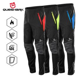 Pants QUESHARK Men Warm Fleece Windproof Waterproof Reflective Cycling Pants Thermal Riding Sports MTB Road Bike Bicycle Trousers