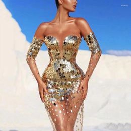 Party Dresses Sequins Off The Shoulder Women Prom Dress Net Sheer Gown Gorgeous Tight Waist Golden Silvery Evening Est In Stock