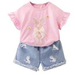 Shorts Girls Summer Clothes Sets Shirts Denim Shorts 2 Pieces Cotton Cartoon Fashion Suit for Children Kids New Baby Toddler Wear 04y