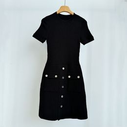 French 2024 Spring/Summer Fashionable Style Single breasted Round Neck Black Short sleeved Slim Fit Knitted Dress