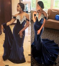 Stylish Off Shoulder Beaded Mermaid Evening Dresses 2019 Sexy V Neck Crystal Navy Blue Velvet abendkleider Prom Gowns2310854