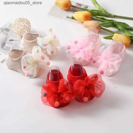 Kids Socks Japans cute Kawaii white pink baby lace bow girl fluffy princess socks rubber anti slip newborn accessories Q240414