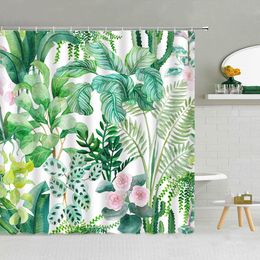 Greenery Shower Curtain, Spring Hummingbird Butterfly Flower Palm Leaf Tropical Plant Modern Minimalist Leaf Bathroom Decorative