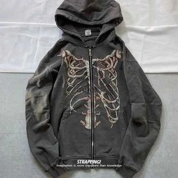 Mens Hoodies European and American retro bone old oversize top Gothic dark rock top print zipper hooded sweater y2k clothes Polyester Hoodie 240412