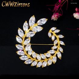 Brooches CWWZircons Sparkling Cubic Zirconia Paved Leaf Flower Gold Color Suit Pin Lady Scarf Button Jewelry Accessories BH015