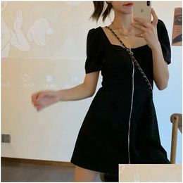 Basic Casual Dresses For Women Dress Summer Square Collar Zipper Short Sleeve Vestido De Mujer Femme Robe Drop Delivery Apparel Womens Dh60X