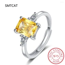Cluster Rings Real 925 Sterling Silver Exquisite Sparkling Emerald Cut Yellow Zirconia Ring For Women Wedding Luxury Fine Jewelry RHR1457