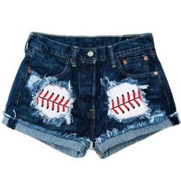 Baseball Patchwork Casual Frayed Denim Women Shorts Pocket Mini Hot Ripped Jean Short Pants Mujer Spring Summer Loose Cortos