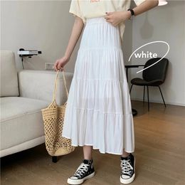 Spring Summer Women Chiffon Skirts Vintage High Waist Elastic Patchwork White Black Chic Long Cake Aline Skirt for Student 240329