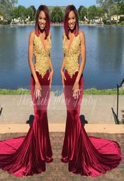 Gold and Burgundy Velvet Prom Dresses 2017 with Straps Lace Appliques Mermaid Flattered Fitted Black Girls Evening Dress2890629