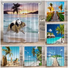 Ocean Landscape Shower Curtain Funny Panda Pet Dog Dusk Sea Waves Coconut Tree Beach Bath Curtains Set Cloth Home Bathroom Decor
