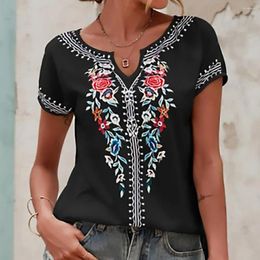 Women's Blouses Women T-shirt Ethnic Style Retro Print V-neck Loose Fit Casual Tee Shirt For Streetwear Fashion Pullover