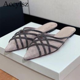 Slippers 2024 Summer Matte Velvet Closed Toe Solid Colour Casual With Metal Decoration Outdoor Comfort Minimalist Flat Shoes