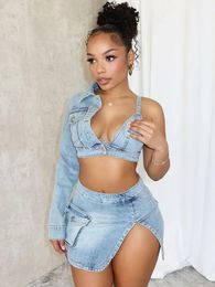 Sexy Club Party Denim Two Piece Set for Women Y2K Clothing Asymmetric One Sleeve Crop Top and Mini Skirt Matching Sets Outfits 240408