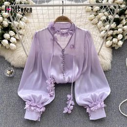 Women's Blouses Korean Women Summer Sweet Appliques Flowers Female Long Lantern Sleeve Purple Blouse White See Through Tops Blusas Mujer