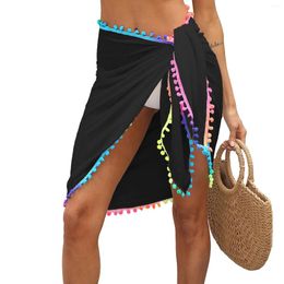 Women S Sarong Coverup Chiffon Bikini Wrap Sheer Swimwear Sexy Casual Beach With Colourful Pompom Tassel