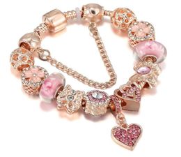 Top Quality Rose Gold Pink Silver Charm Beads Cherry Red Heart Crystal Butterfly Flower Fits European Charms Bracelets Safety Chain Jewellery DIY Women8685297