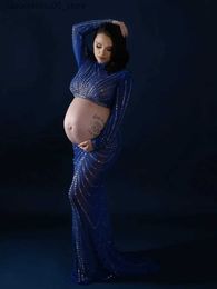 Maternity Dresses Elastic Crystal Pregnant Womens Photography Dress Set Rhinestone Sexy Navy Blue Exposed Pregnancy Tailored Q240413