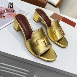 Slippers Summer Leather Tassel Lock Women Kid Suede Mules Gold Peep Toe Fringe Slides Beach Shoes Comfortable Shoe