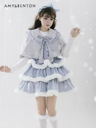 Work Dresses Sweet Kawaii Lolita Outfits Women Japanese Cute Bow Plush Stitching Suspender Dress Cape Shawl Coat Two-Piece Sets Winter