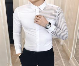 Slim Fit Shirt Men Sexy Hollow Lace Patchwork Long Sleeve Prom Shirts Dress Tuxedo 3XLM Fashion Men Clothes Autumn New3960561