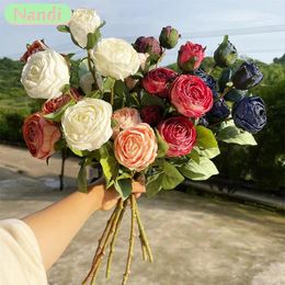 Decorative Flowers Simulation Fire Roasted Silk Rose Artificial Flower Branch Camellia Fake Valentine's Day Wedding Home Party Decoration