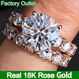 Cluster Rings Custom Real 18K Rose Gold Bridal Sets Ring Women Engagement Anniversary Wedding Band Bead Set Round Moissanite Diamond