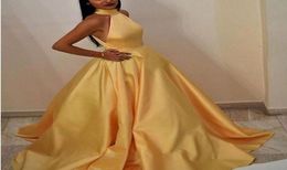 Elegant Robe De Soiree Muslim Women ALine Halter Floor Length Long Yellow Evening Dress with Pockets Vestido De Festa Sexy Satin 7625307