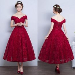 Cheap Tea Length Prom Dresses Dard Red Burgundy Lace A Line Evening Party Gowns Off the Shoulder Short Custom Made Prom Dress1693341