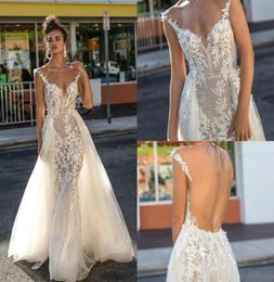 2019 Berta Mermaid Wedding Dresses With Detachable Train Deep V Neck Lace Applique Illusion Backless Country Bridal Dress Plus Siz9042594